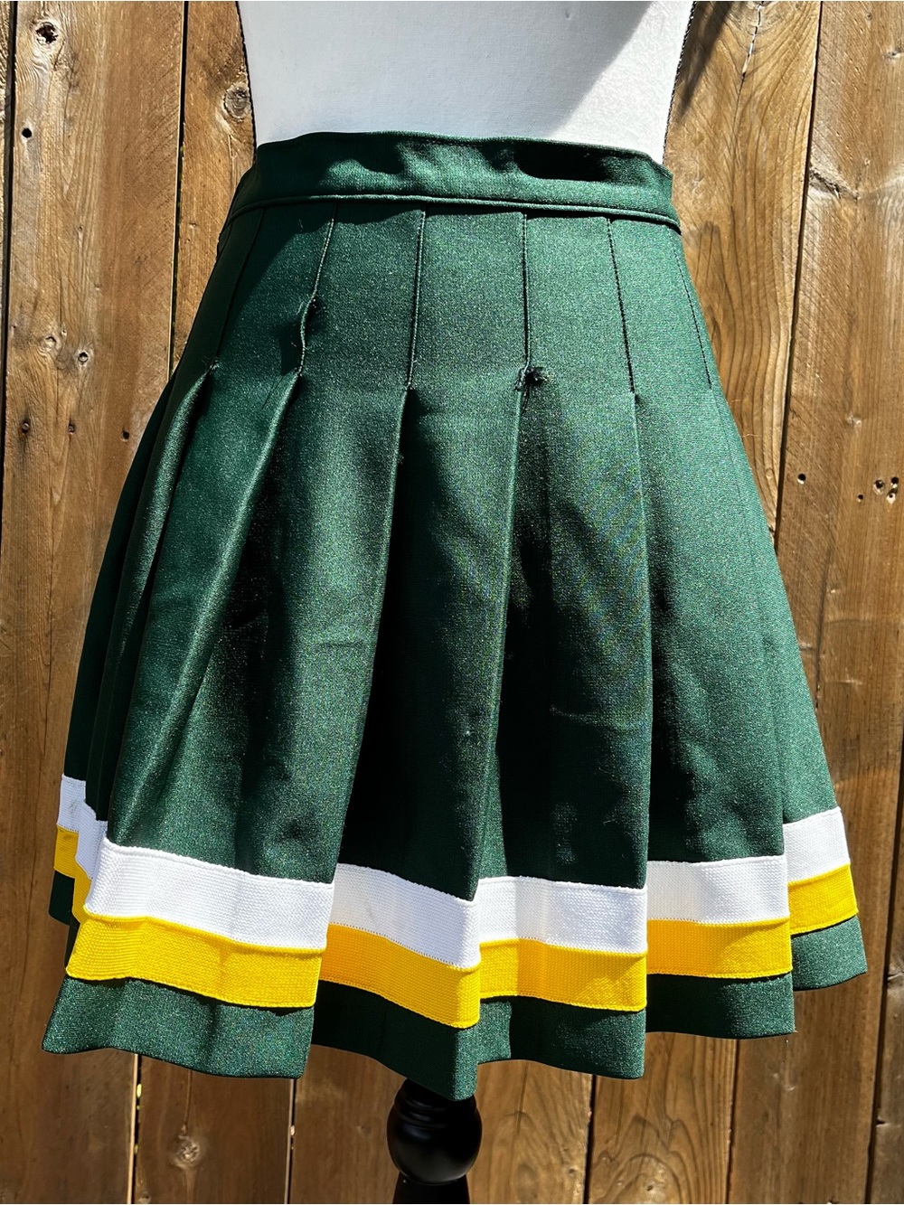 Vintage Varsity Cheerleader Green Pleated Skirt with White and Yellow Stripes